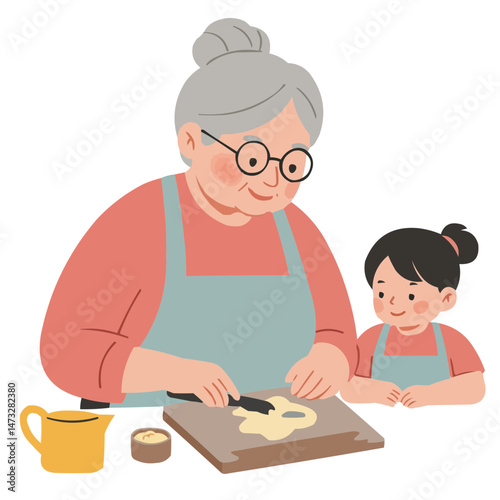 Grandma baking with child - kind grandmother and grandchild making pie in kitchen, their faces glowing with joy while flour floats around, creating warm family traditions atmosphere.