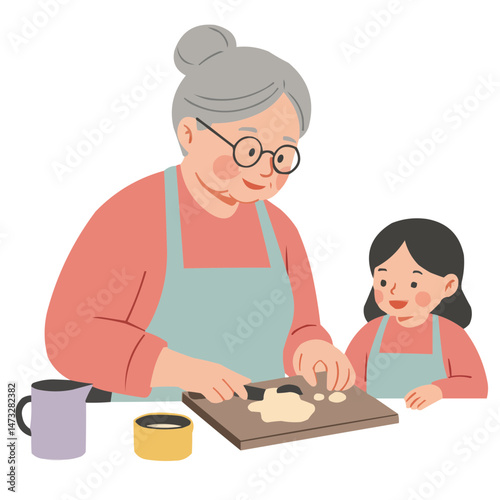 Grandma baking with child - kind grandmother and grandchild making pie in kitchen, their faces glowing with joy while flour floats around, creating warm family traditions atmosphere.
