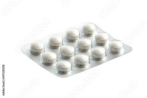 Close-up of a blister pack with eleven round white pills, showcasing pharmaceutical packaging details and tablet form isolated on transparent background