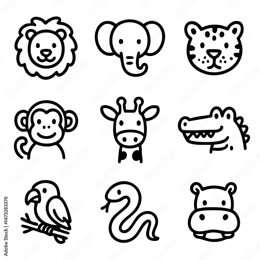 Fototapeta premium A set of doodle line icons featuring cute jungle and safari animals like lion, elephant, monkey, crocodile, snake, and giraffe