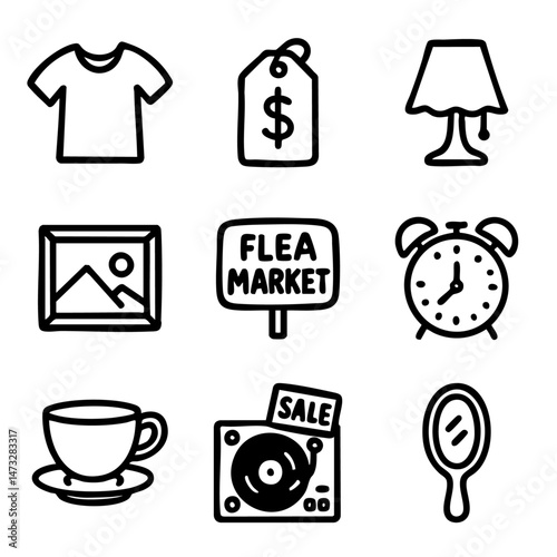 A set of doodle line icons featuring common flea market finds like clothes, lamps, records, teacups, and decorative vintage items