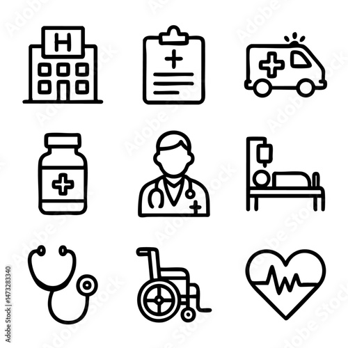 A set of doodle line icons showing healthcare essentials including doctor, hospital, ambulance, medicine, stethoscope, wheelchair, and heart monitor