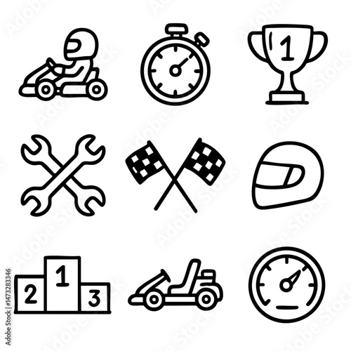 A set of doodle line icons related to go-kart racing, including karts, helmets, trophies, tools, flags, speedometers, and podiums