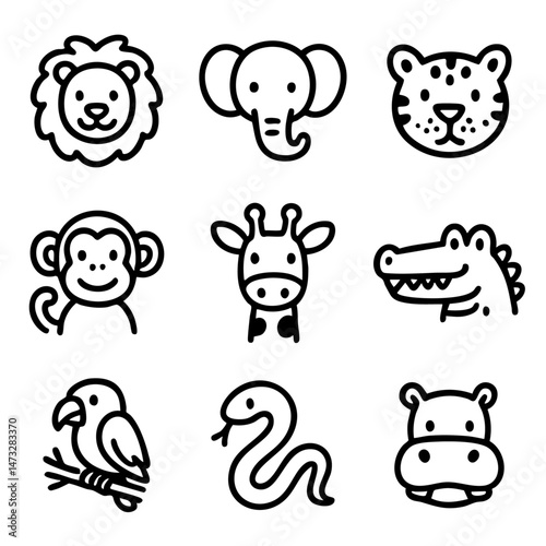 A set of doodle line icons featuring cute jungle and safari animals like lion, elephant, monkey, crocodile, snake, and giraffe