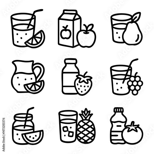 A set of doodle line icons showing various fruit juices and drinks with ingredients like apple, pear, orange, strawberry, and pineapple