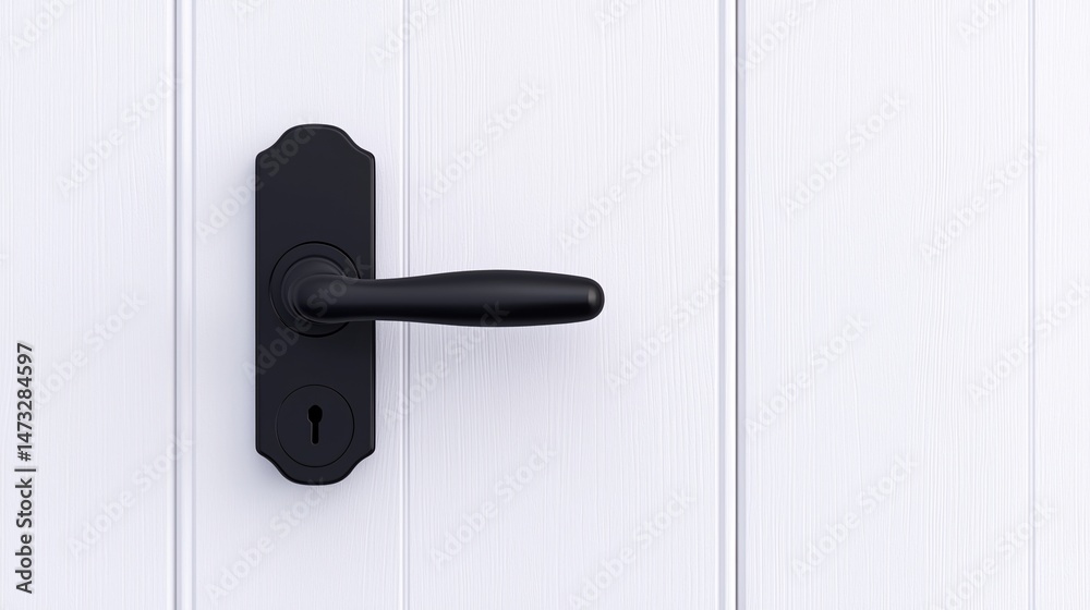 Obraz premium A black door handle with a keyhole mounted on a white wooden door.