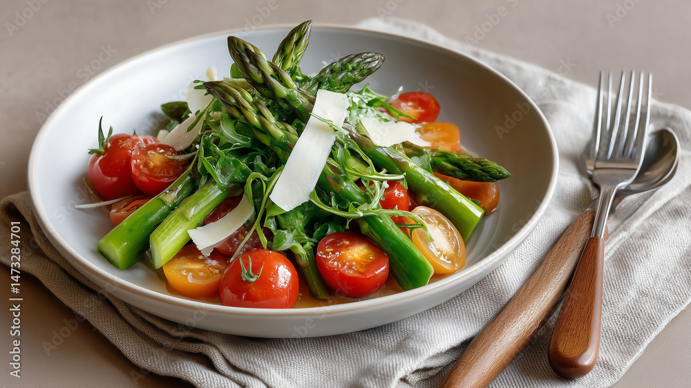 Fresh asparagus salad with cherry tomatoes and shaved Parmesan cheese Fresh asparagus salad with cherry tomatoes and shaved Parmesan cheese