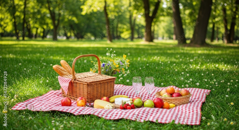 Picnic with Basket Food and Fruits Picnic with Basket Food and Fruits