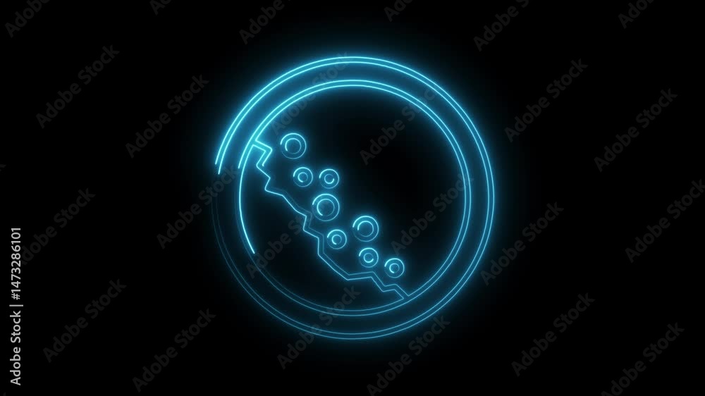 Neon glowing coin symbol on black background crypto currency and financial technology