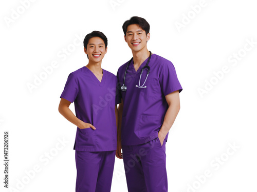 Two Smiling Asian Male Doctors in Purple Scrubs