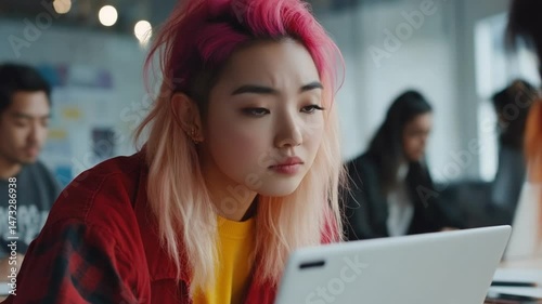 Wallpaper Mural Focused Young Asian Woman with Pink Hair Working Diligently on a Laptop in Modern Office Torontodigital.ca