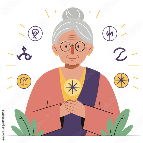 Elderly woman with spiritual symbols - wise senior woman in peaceful meditation with sacred objects, her wrinkled hands gently holding ancient spiritual artifacts, atmosphere of enlightenment.
