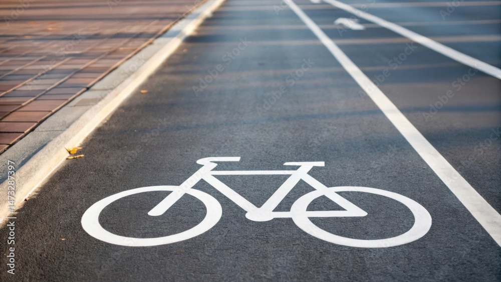 Fototapeta premium Bicycle lane marking on a city street with clear visibility.