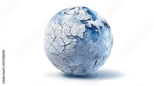 Cracked Ice Globe on White Background Representing Climate Change Impact