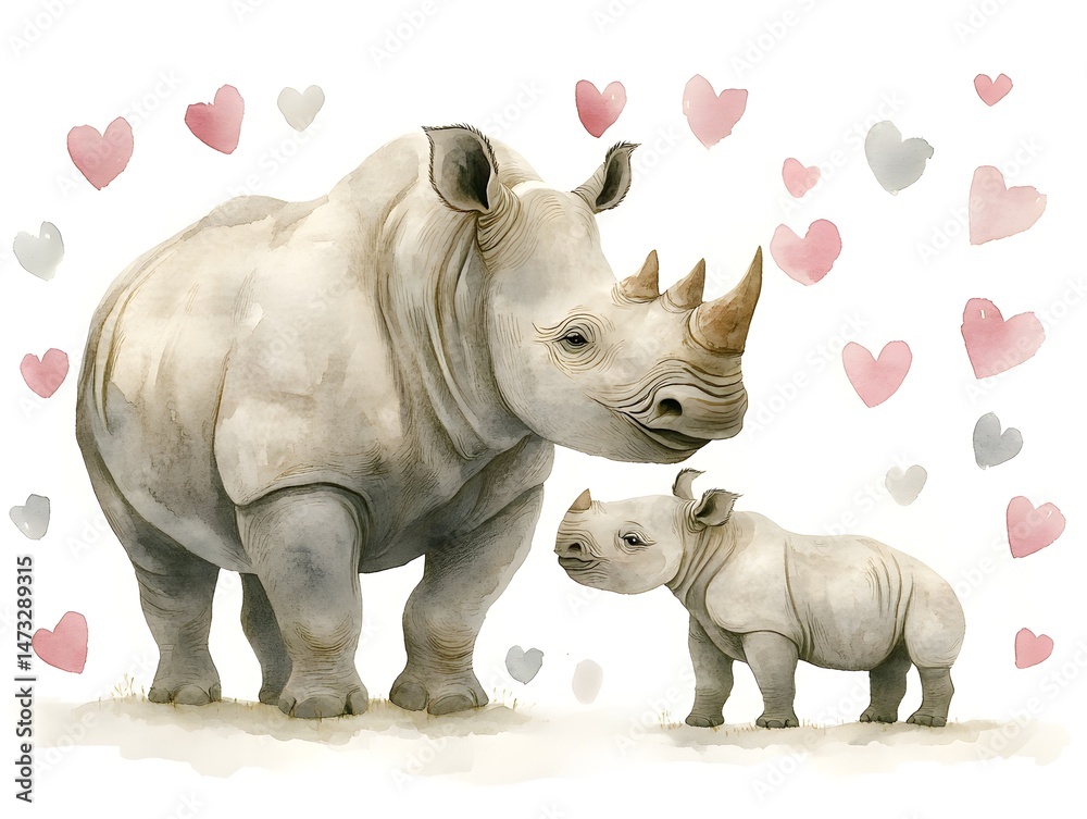 Obraz premium An adorable watercolor painting shows a mother rhino and her baby calf surrounded by pink and gray hearts.
