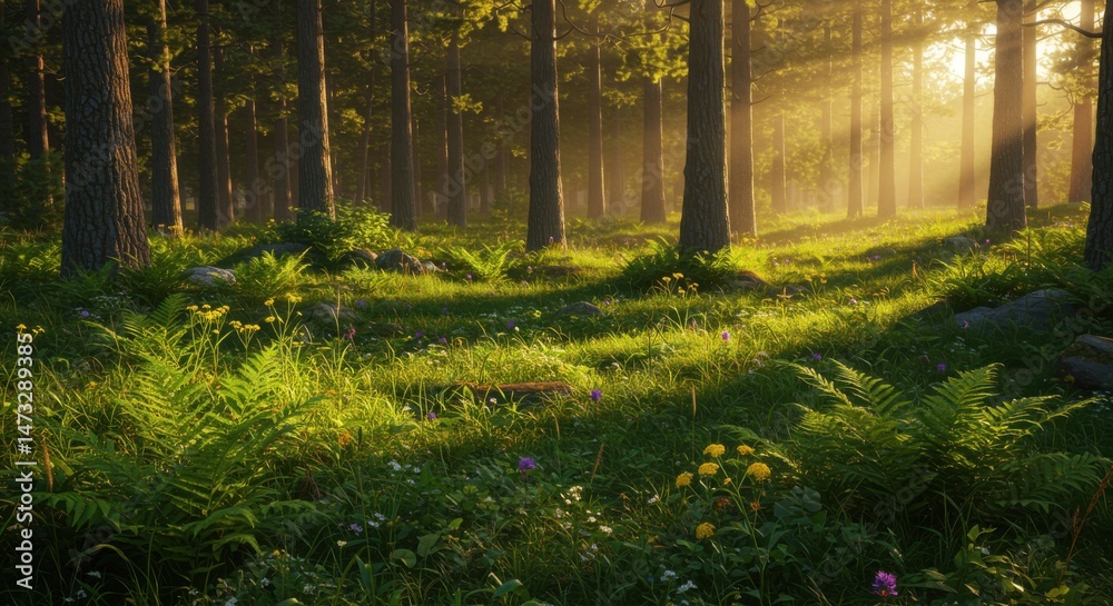 Fototapeta premium Sun Rays Shining Through Forest Trees Onto Lush Green Meadow