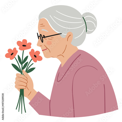 Elderly woman smelling flowers - serene senior lady inhaling spring blossoms fragrance, her face lit by joyful smile.