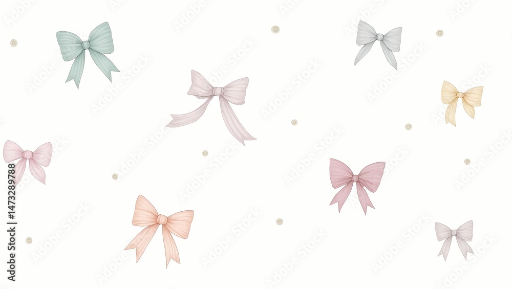 Obraz premium Elegant Bows: Delicate bows in pastel hues gracefully scattered on a simple background, embodying a sense of elegance, charm, and whimsy.
