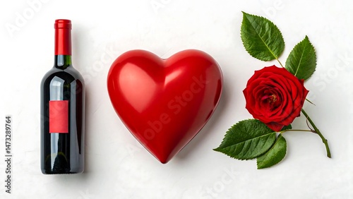 Romantic Valentines Day setting with red wine bottle, heart, and rose