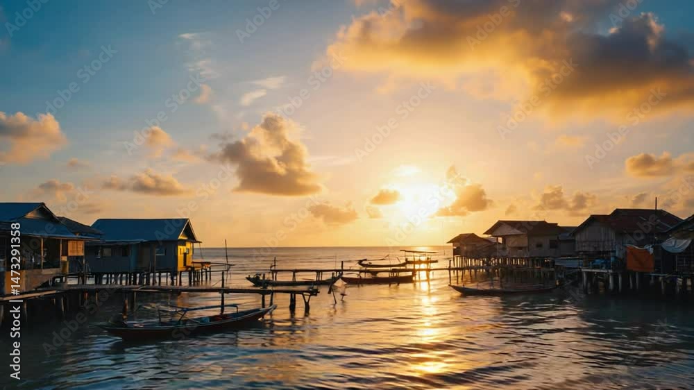 Sunrise over water village with fishing boats. Sunrise over water village with fishing boats.