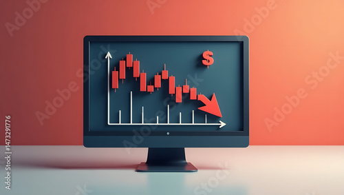 Computer screen showing declining red candlestick stock chart with downward arrow and dollar symbol, symbolizing financial market crash or stock decline
