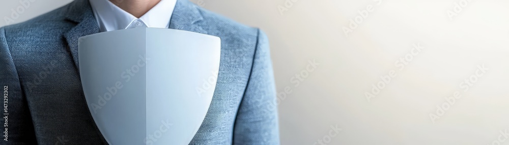 Navigating COVID Lockdowns and Building Immunity for a Safer Tomorrow, Person in a suit holding a blue shield, symbolizing protection and security in a minimalist setting.