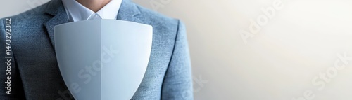Navigating COVID Lockdowns and Building Immunity for a Safer Tomorrow, Person in a suit holding a blue shield, symbolizing protection and security in a minimalist setting.