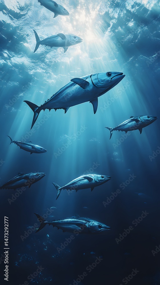 Obraz premium Tuna school in deep blue ocean