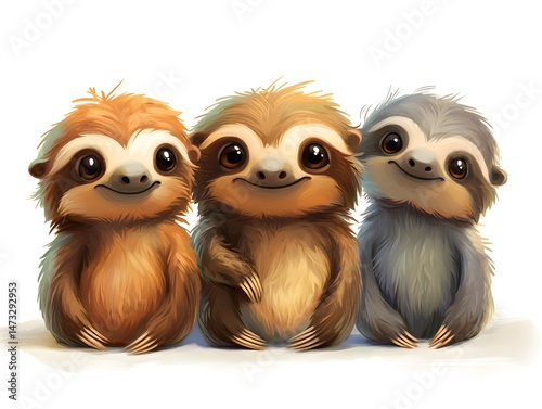 Three adorable baby sloths sit together smiling happily in a cute cartoon illustration perfect for children's books or prints.