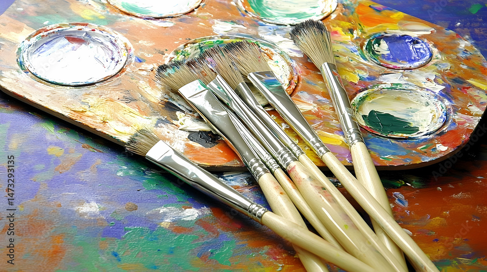 Fototapeta premium Close Up of Paintbrushes on Multicolored Palette Full of Various Paints with Bright Lighting for Artistic Expression and Creative Hobby Flatlay