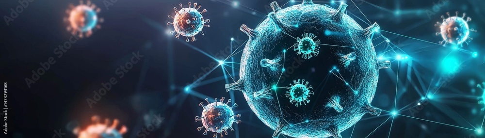 Navigating COVID Lockdowns and Building Immunity for a Safer Tomorrow, Digital illustration of viruses with abstract connections and glowing elements.