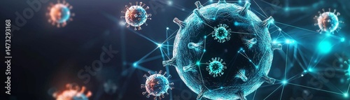 Obraz na płótnie Navigating COVID Lockdowns and Building Immunity for a Safer Tomorrow, Digital illustration of viruses with abstract connections and glowing elements. w salonie