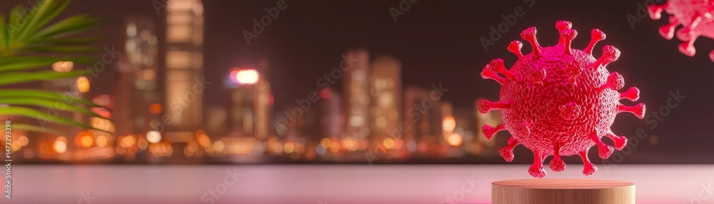 Navigating COVID Lockdowns and Building Immunity for a Safer Tomorrow, A stylized virus model with a city skyline backdrop, representing health and urban life.
