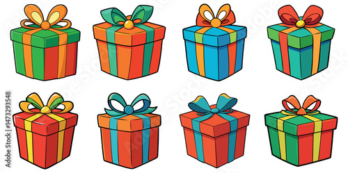 A colorful 3D vector illustration a set of gift boxes, perfect for any holiday or birthday celebration, adorned with bows and ribbons, representing the joy of giving presents at Christmas or
