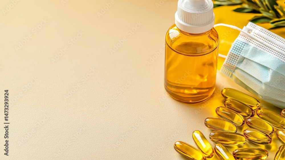 Navigating COVID Lockdowns and Building Immunity for a Safer Tomorrow, Bottles of oil and capsules on a textured surface with a medical mask in the background.