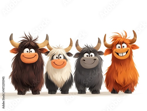 Four adorable cartoon yaks stand together smiling happily against a plain white background perfect for children's illustrations.