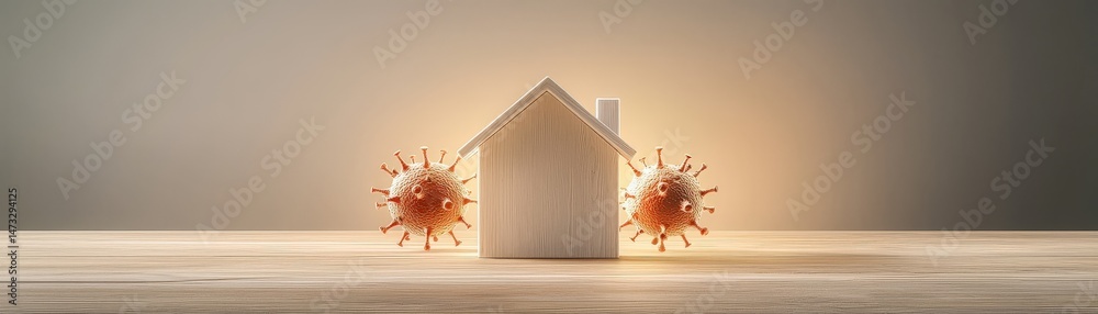Navigating COVID Lockdowns and Building Immunity for a Safer Tomorrow, A house surrounded by representations of viruses, symbolizing health and safety concerns.