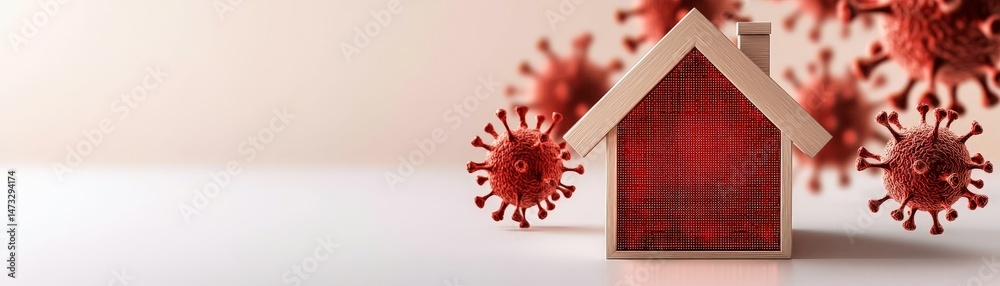 Navigating COVID Lockdowns and Building Immunity for a Safer Tomorrow, A house model surrounded by virus illustrations representing health and safety concerns.
