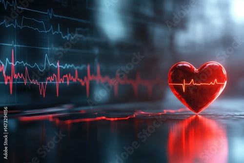 Digital ECG monitor showing heart rhythm with glowing red heart icon.

