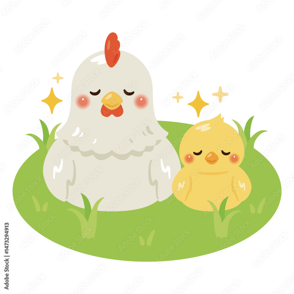 Obraz premium 平飼いでリラックスするニワトリとヒヨコのイラスト