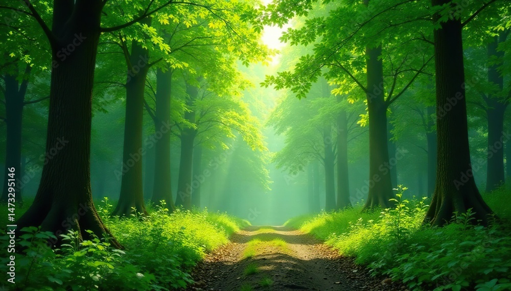 Obraz premium Serene forest background, lush green canopy, dappled sunlight, tranquil nature scene , sunlight, ecology, grove