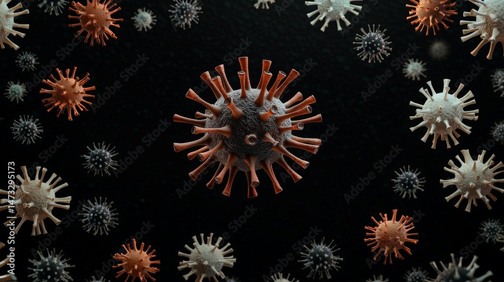 Navigating COVID Lockdowns and Building Immunity for a Safer Tomorrow, Microscopic view of various virus particles on a dark background.
