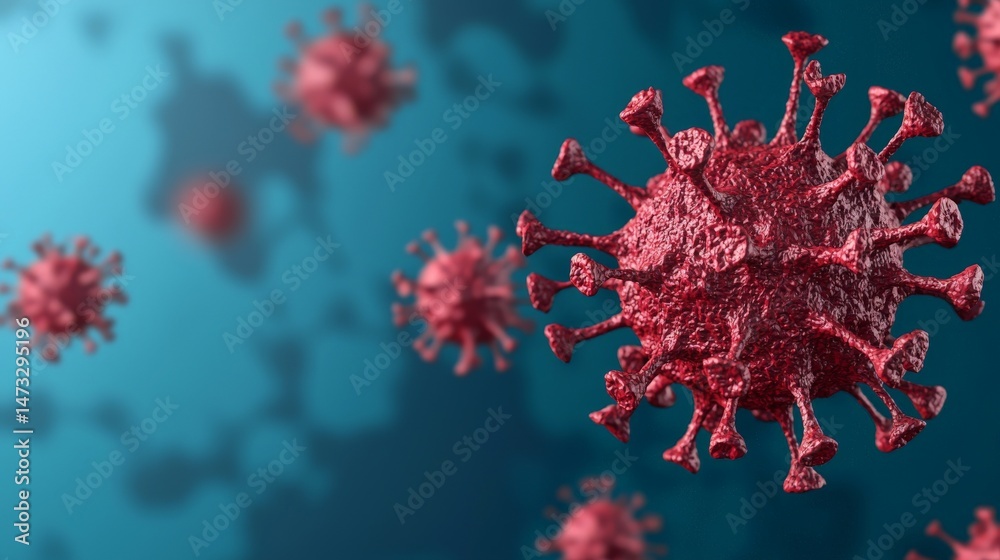 Navigating COVID Lockdowns and Building Immunity for a Safer Tomorrow, Microscopic view of a virus with red spikes on a blue background, illustrating viral structure.