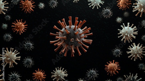 Obraz na płótnie Navigating COVID Lockdowns and Building Immunity for a Safer Tomorrow, Microscopic view of various virus particles on a dark background. w salonie