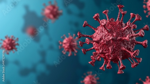 Navigating COVID Lockdowns and Building Immunity for a Safer Tomorrow, Microscopic view of a virus with red spikes on a blue background, illustrating viral structure.