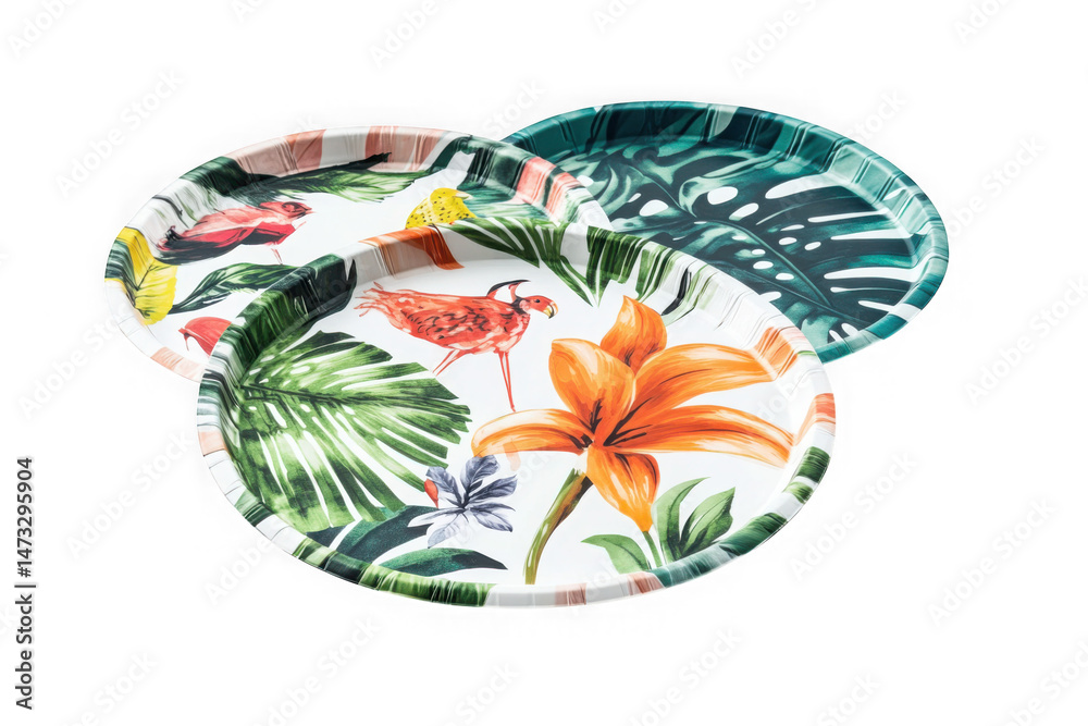 Naklejka premium Three decorative paper plates with tropical floral and flamingo designs for parties and events isolated on transparent background