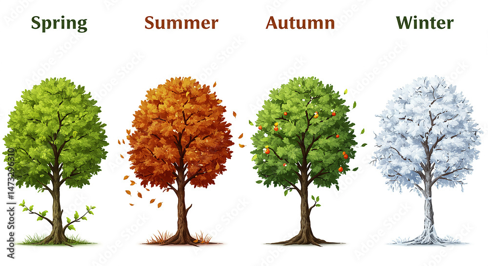 Obraz premium Four Seasons Tree Illustration Spring Summer Autumn Winter
