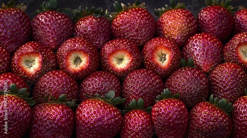 Close-up view of many fresh, vibrant strawberries. photo