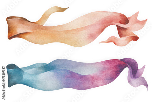 Watercolor style ribbons in shades of peach and blue, flowing and elegant, digital art, isolated on transparent background photo