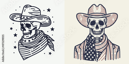 skeleton with cowboy hat and american flag overlay scarf Halloween. Independence day 4th of july patriotic Clipart line art vector illustration. Bony cranium in western headgear banner.